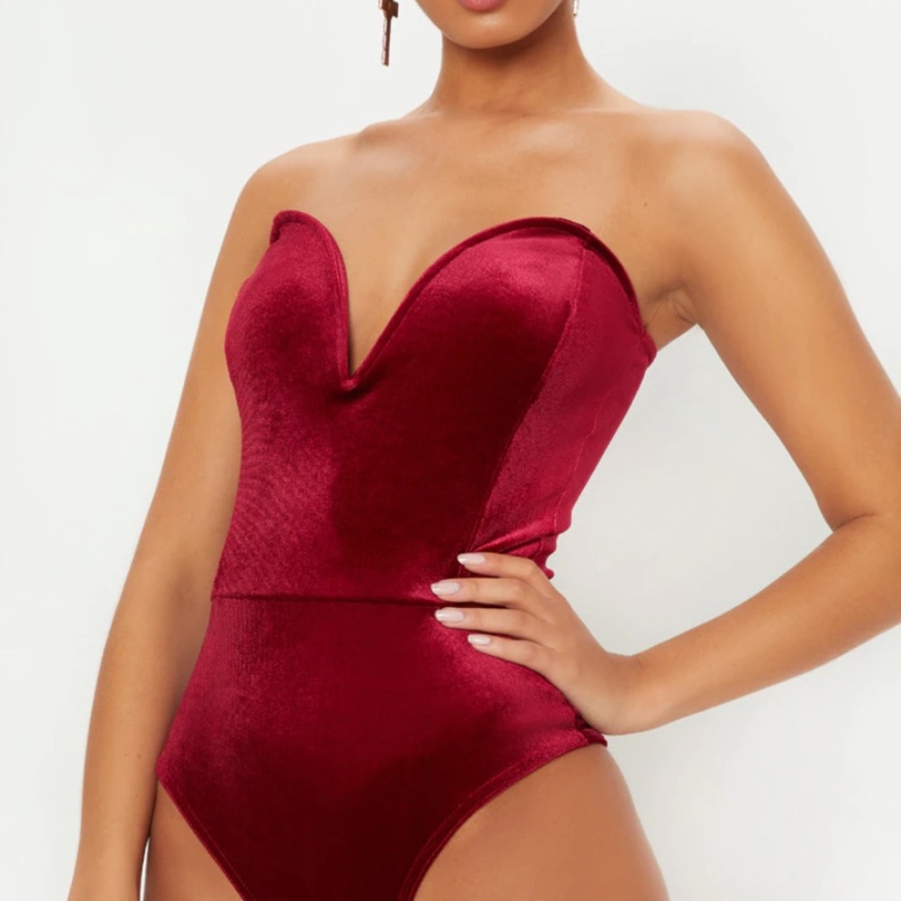 PLT Purple Deep Plunge Velvet Bodysuit